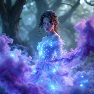 The primary subject of the image is a woman dressed in a flowing gown, standing in a forest. The setting is a forest with trees and a purple cloudy sky. The visual style is a digital art or illustration, creating a surreal and dreamy atmosphere. The colors and mood are predominantly purple and blue, with the purple cloudy sky and the woman's gown adding a sense of magic and enchantment to the scene.